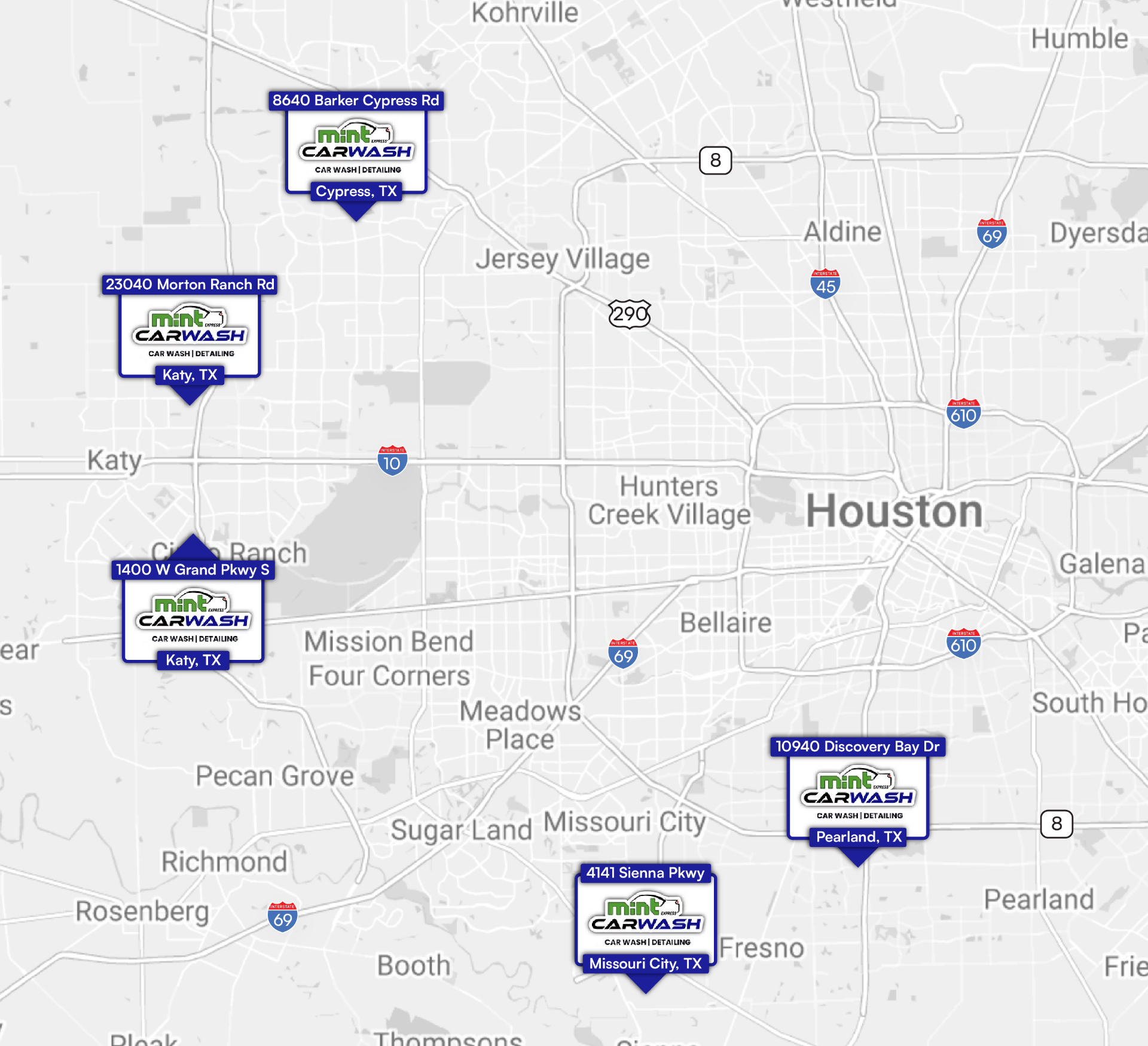Map of Houston with five Mint Express car wash locations